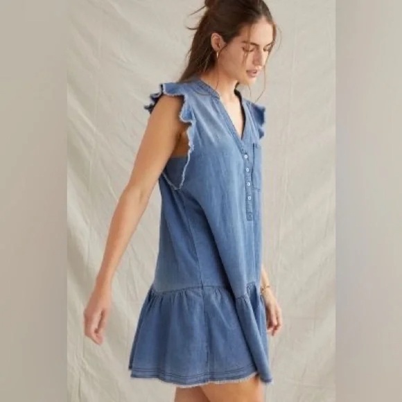 Anthropologie Pilcro Flounced Tunic Dress Chambray Denim Cotton Blue Sz L - Picture 2 of 16